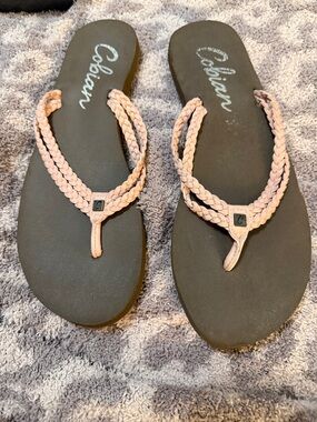Cobian Braided Light Pink-Strap Flip Flop Sandals with Brown Footbed